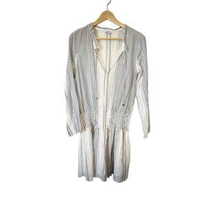 Splendid Blue White Striped Cotton Lined‎ Long Sleeve Smocked Waist Dress Small